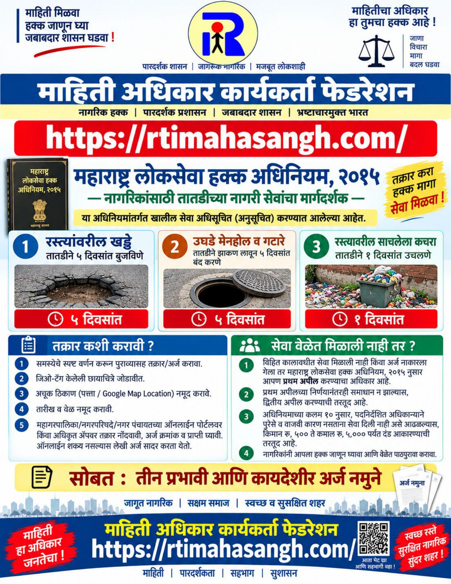 महाराष्ट्र लोकसेवा हक्क अधिनियम २०१५ - नागरी सेवा मार्गदर्शक व ३ कायदेशीर अर्ज नमुने